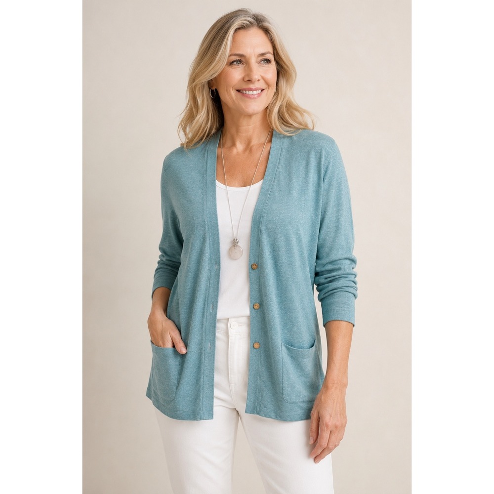 J. Jill Womens Linen Blend Button‎ Front Cardigan Teal Blue Pocket Sweater L